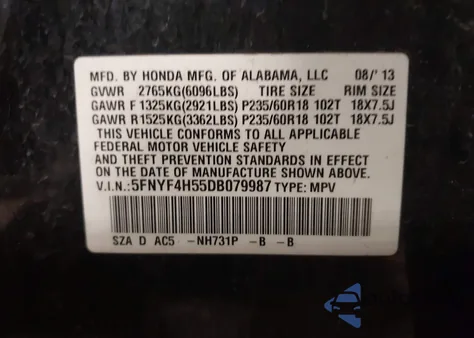 2013 Honda Pilot Ex-L z USA, uszkodzony, nr VIN 5FNYF4H55DB079987